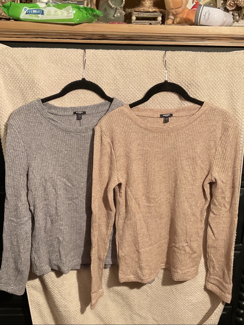 Express Long-Sleeve Silver and Gold Metallic Waffle Tops